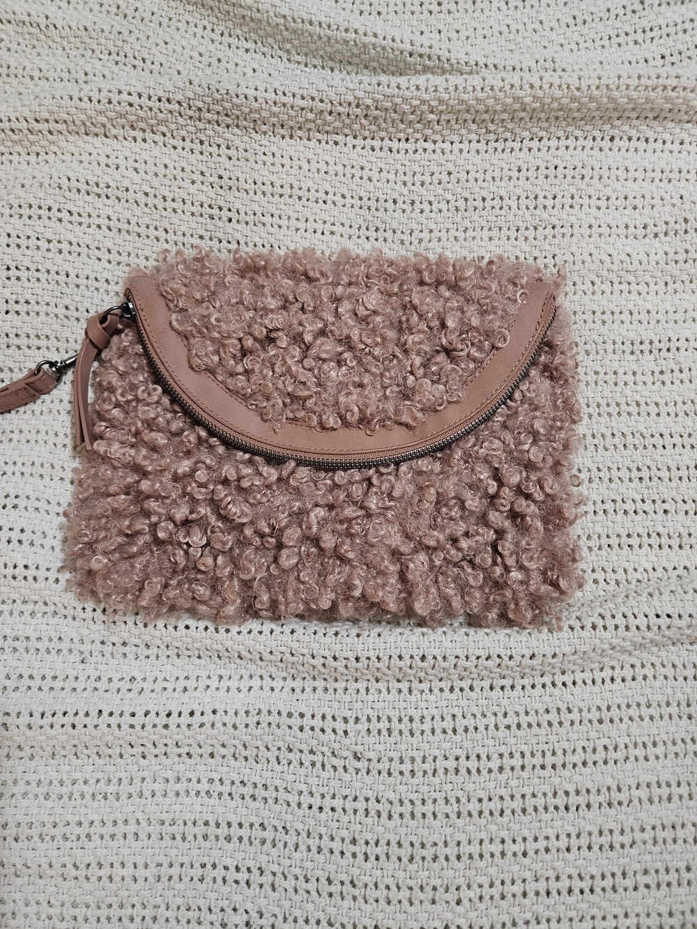 Curly Faux-Shearling Wristlet Clutch in Dusty Rose
